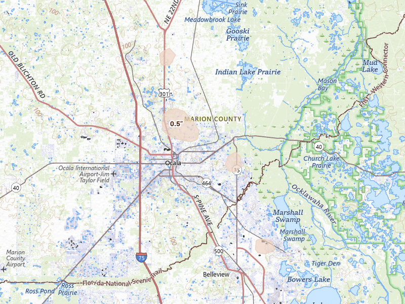 Radar-estimated hail-size map of the storm over Ocala, FL on Aug 14, 2026