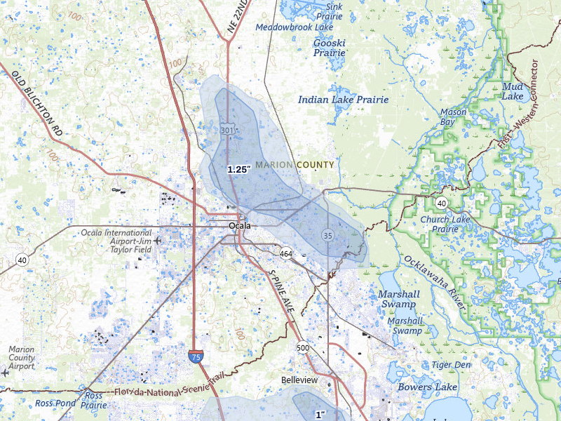 NEXRAD radar-signature map of the hail storm over Ocala, FL on Aug 14, 2026