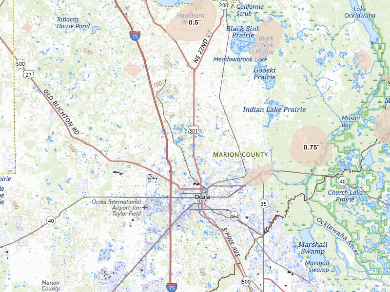 Radar-estimated hail-size map of the storm over Ocala, FL on Aug 20, 2026
