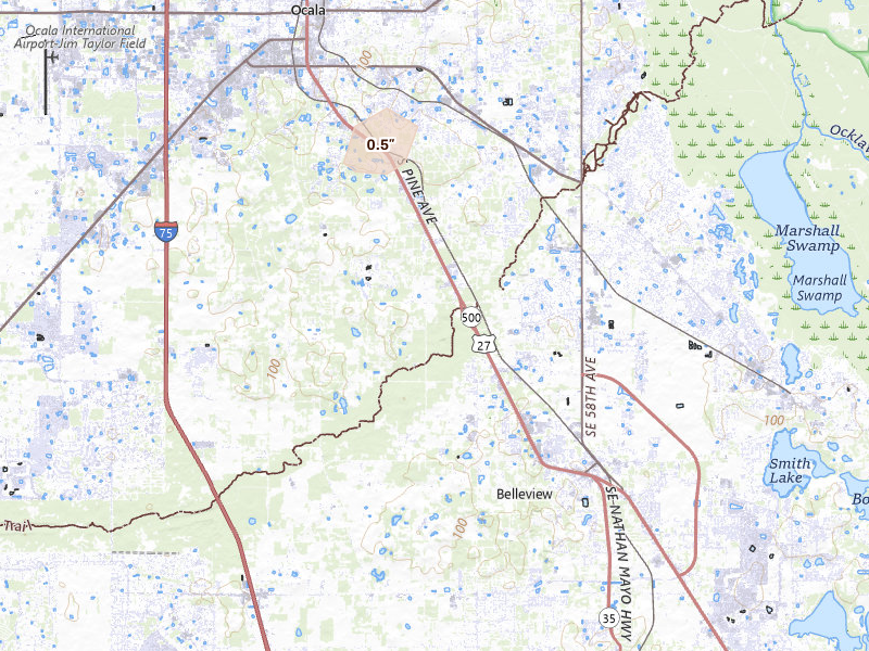 Radar-estimated hail-size map of the storm over Ocala, FL on Aug 22, 2026