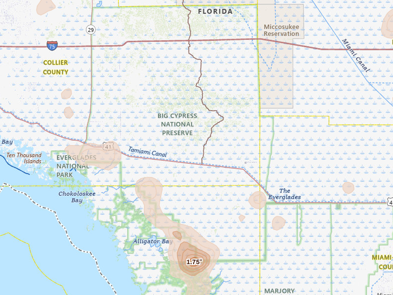 Radar-estimated hail-size map of the storm over Ochopee, FL on Jul 15, 2026
