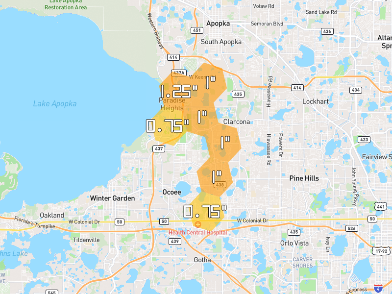 Hail map of Ocoee, FL on Jun 30, 2026, hail up to 1.25"