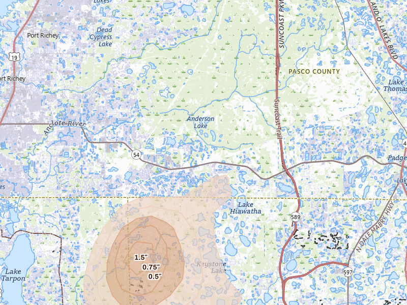 Radar-estimated hail-size map of the storm over Odessa, FL on May 19, 2026