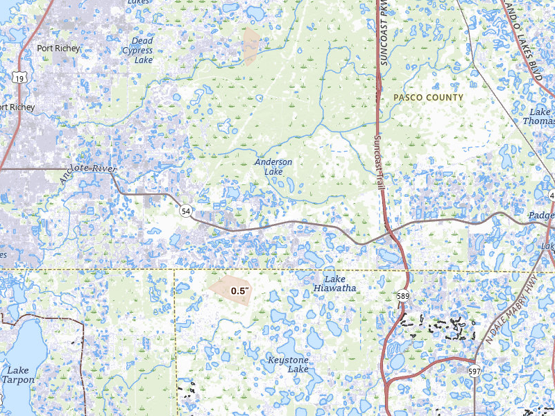 Radar-estimated hail-size map of the storm over Odessa, FL on May 24, 2026