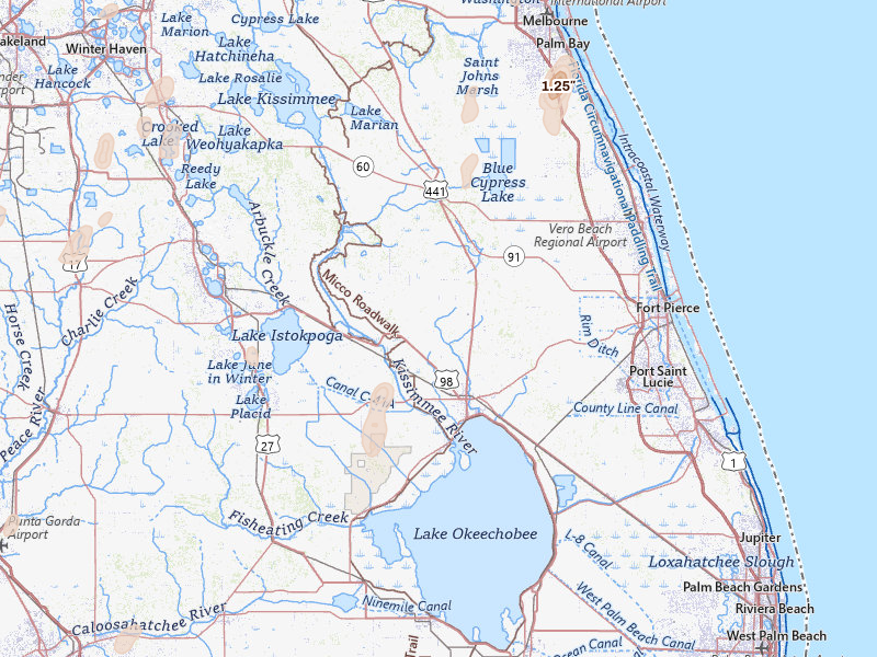 Radar-estimated hail-size map of the storm over Okeechobee, FL on Mar 15, 2026