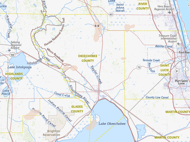 Radar-estimated hail-size map of the storm over Okeechobee, FL on Apr 6, 2026