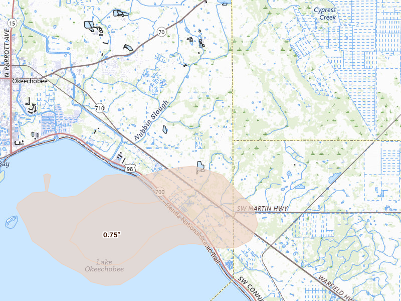 Radar-estimated hail-size map of the storm over Okeechobee, FL on Jun 2, 2026