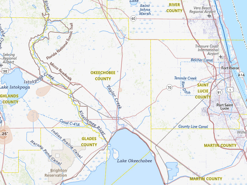Radar-estimated hail-size map of the storm over Okeechobee, FL on Jun 14, 2026