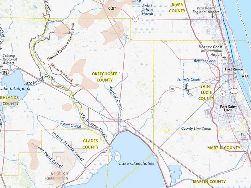 Radar-estimated hail-size map of the storm over Okeechobee, FL on Jun 19, 2026