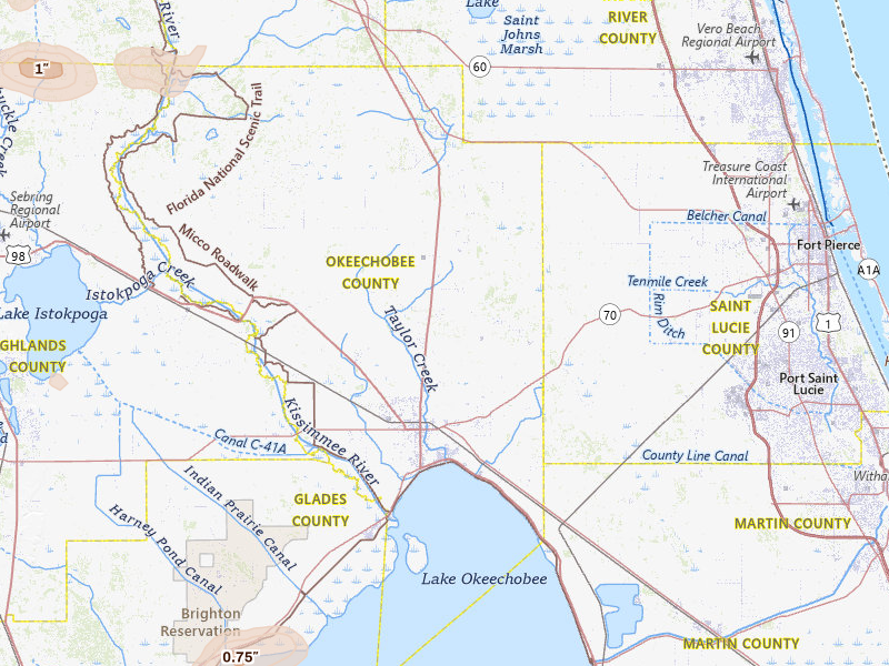 Radar-estimated hail-size map of the storm over Okeechobee, FL on Jun 23, 2026