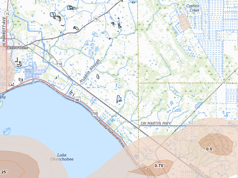 Radar-estimated hail-size map of the storm over Okeechobee, FL on Jun 24, 2026