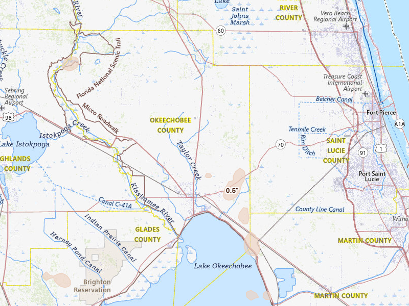Radar-estimated hail-size map of the storm over Okeechobee, FL on Jun 30, 2026