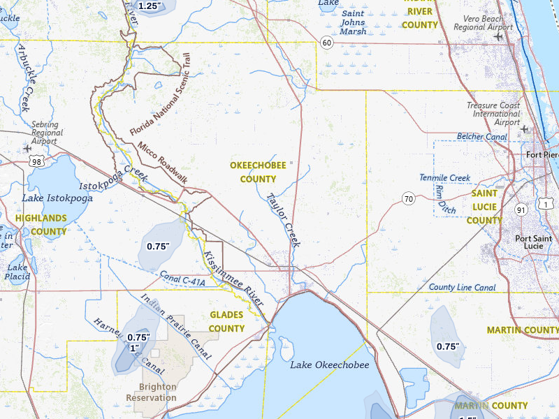 NEXRAD radar-signature map of the hail storm over Okeechobee, FL on Jul 5, 2026