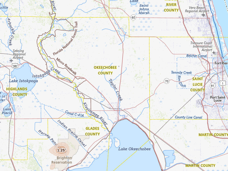 Radar-estimated hail-size map of the storm over Okeechobee, FL on Jul 6, 2026