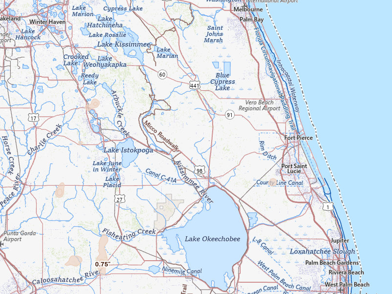 Radar-estimated hail-size map of the storm over Okeechobee, FL on Jul 7, 2026