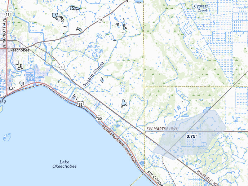 NEXRAD radar-signature map of the hail storm over Okeechobee, FL on Jul 7, 2026
