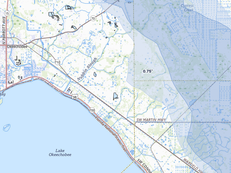 NEXRAD radar-signature map of the hail storm over Okeechobee, FL on Jul 10, 2026