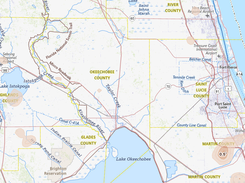 Radar-estimated hail-size map of the storm over Okeechobee, FL on Jul 12, 2026