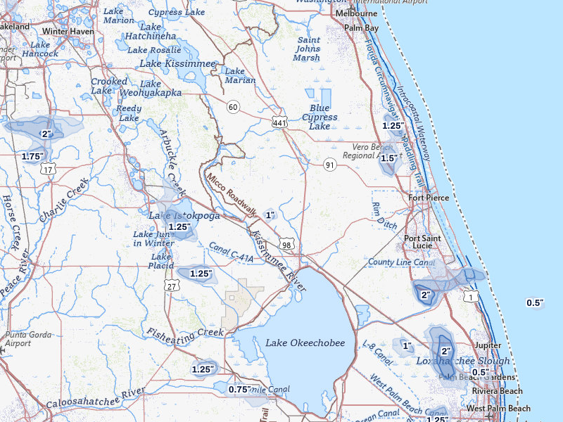 NEXRAD radar-signature map of the hail storm over Okeechobee, FL on Jul 12, 2026