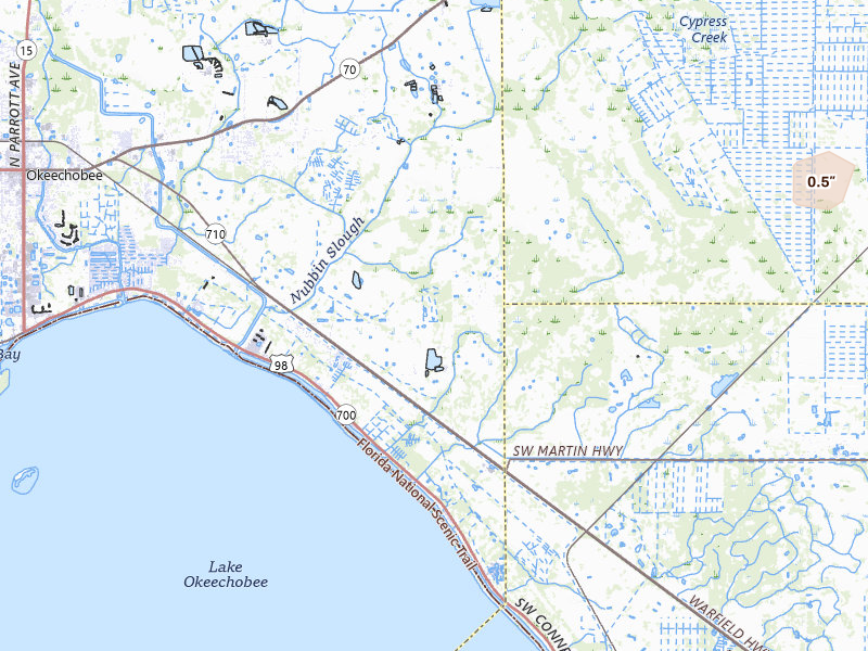 Radar-estimated hail-size map of the storm over Okeechobee, FL on Jul 14, 2026