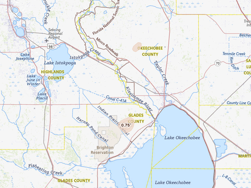 Radar-estimated hail-size map of the storm over Okeechobee, FL on Aug 22, 2026