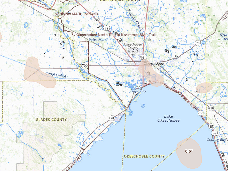 Radar-estimated hail-size map of the storm over Okeechobee, FL on Aug 29, 2026