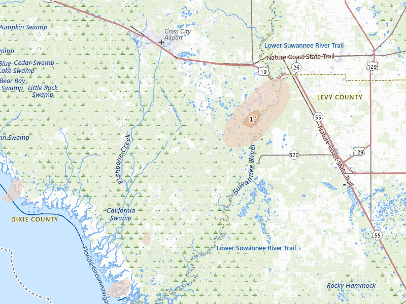Radar-estimated hail-size map of the storm over Old Town, FL on Jun 30, 2026