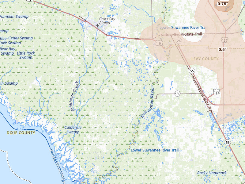 Radar-estimated hail-size map of the storm over Old Town, FL on Jul 17, 2026