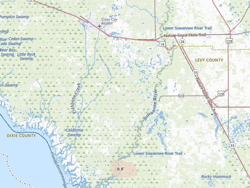 Radar-estimated hail-size map of the storm over Old Town, FL on Jul 26, 2026