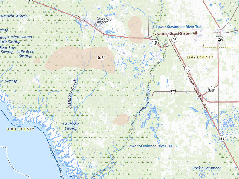 Radar-estimated hail-size map of the storm over Old Town, FL on Jul 29, 2026