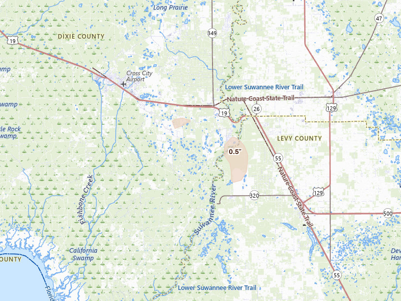 Radar-estimated hail-size map of the storm over Old Town, FL on Aug 24, 2026