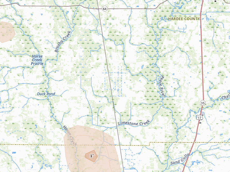 Radar-estimated hail-size map of the storm over Ona, FL on Jun 27, 2026