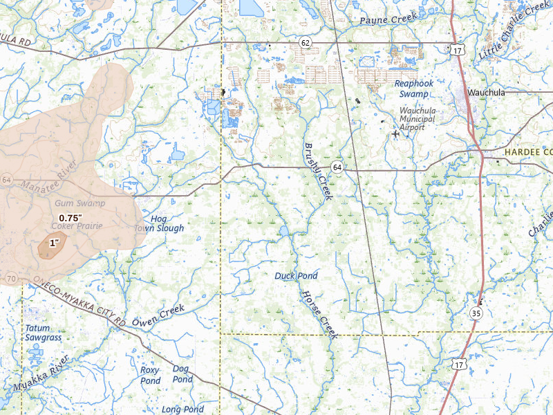 Radar-estimated hail-size map of the storm over Ona, FL on Jul 10, 2026