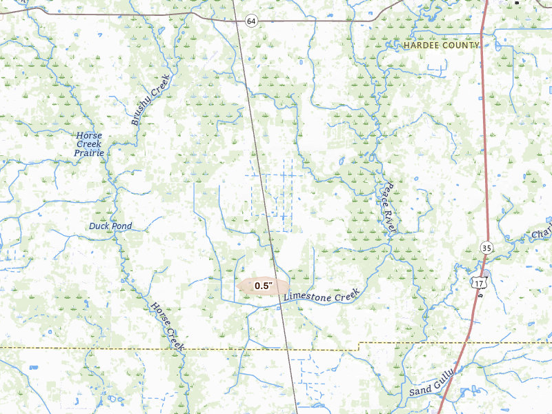 Radar-estimated hail-size map of the storm over Ona, FL on Jul 26, 2026