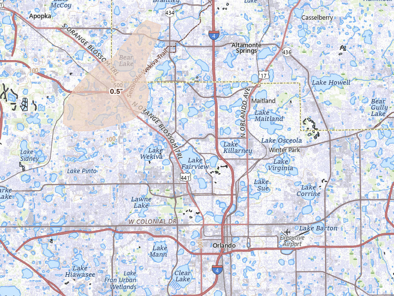 Radar-estimated hail-size map of the storm over Orlando, FL on Mar 15, 2026