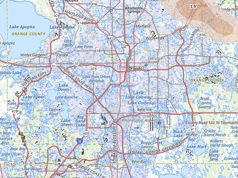 Radar-estimated hail-size map of the storm over Orlando, FL on May 12, 2026