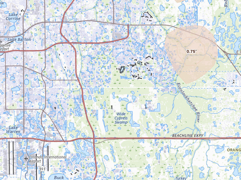 Radar-estimated hail-size map of the storm over Orlando, FL on Jun 28, 2026