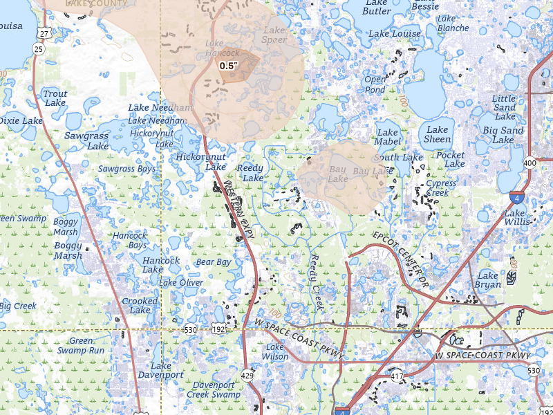 Radar-estimated hail-size map of the storm over Orlando, FL on Jun 29, 2026