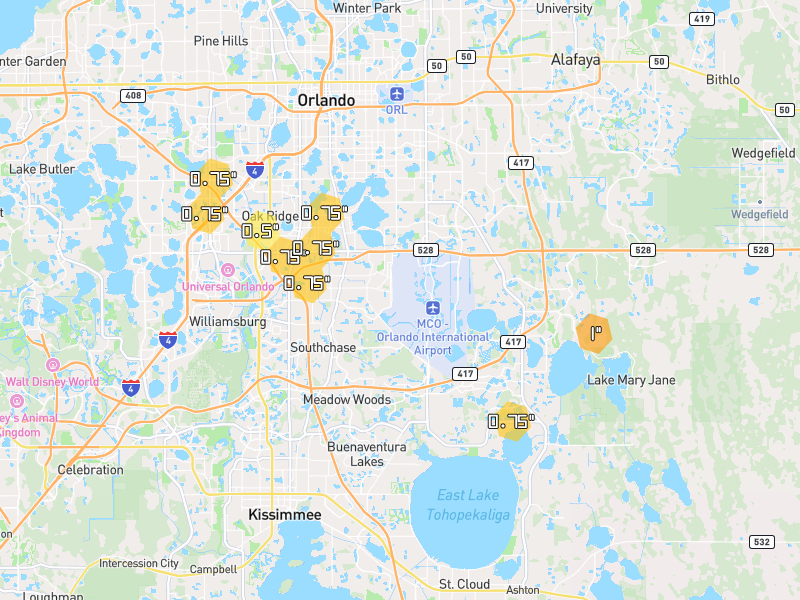 Hail map of Orlando, FL on Jun 30, 2026, hail up to 1"