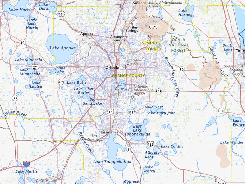 Radar-estimated hail-size map of the storm over Orlando, FL on Jul 4, 2026