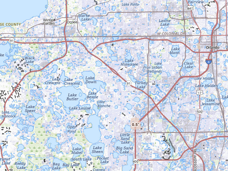 Radar-estimated hail-size map of the storm over Orlando, FL on Aug 5, 2026