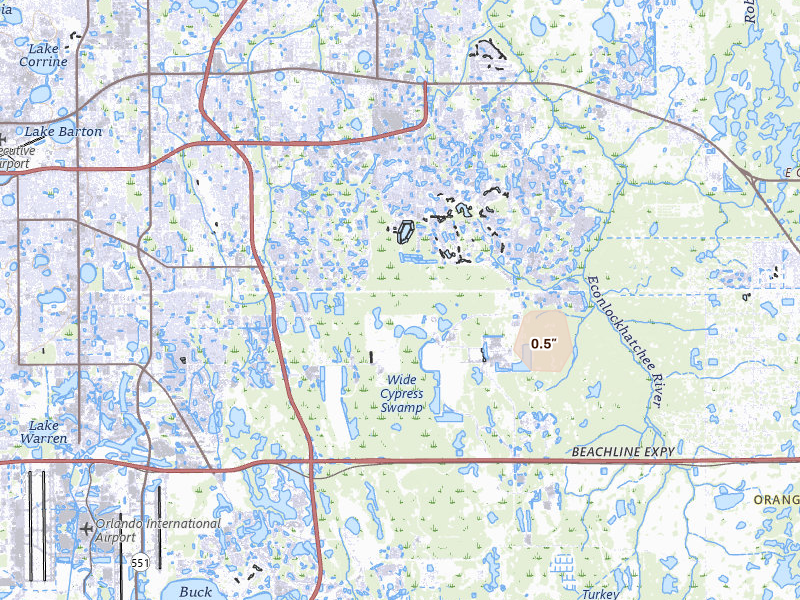 Radar-estimated hail-size map of the storm over Orlando, FL on Aug 11, 2026