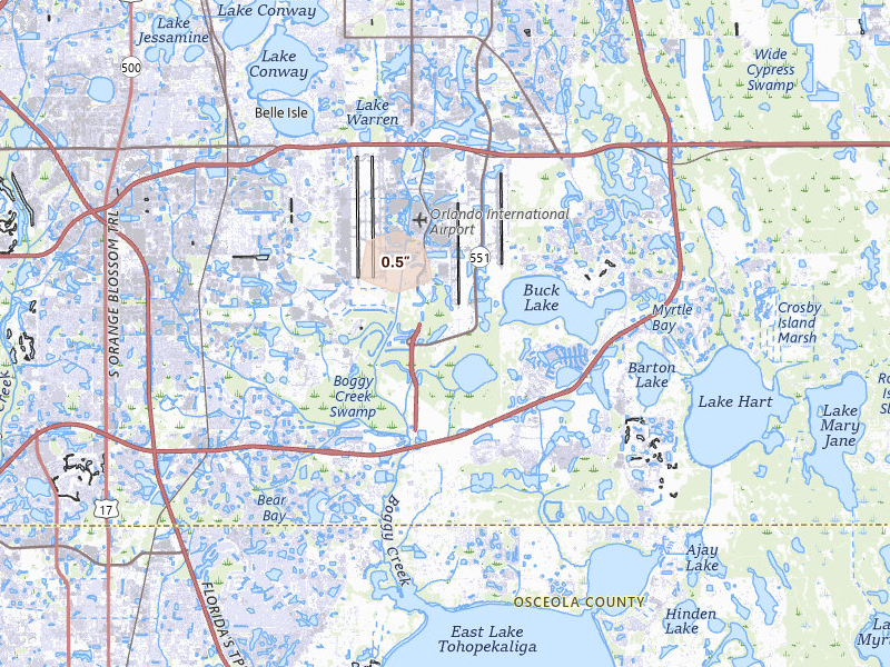 Radar-estimated hail-size map of the storm over Orlando, FL on Aug 12, 2026