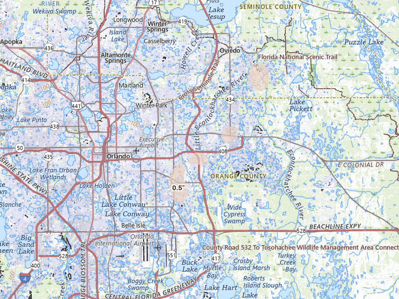 Radar-estimated hail-size map of the storm over Orlando, FL on Aug 13, 2026