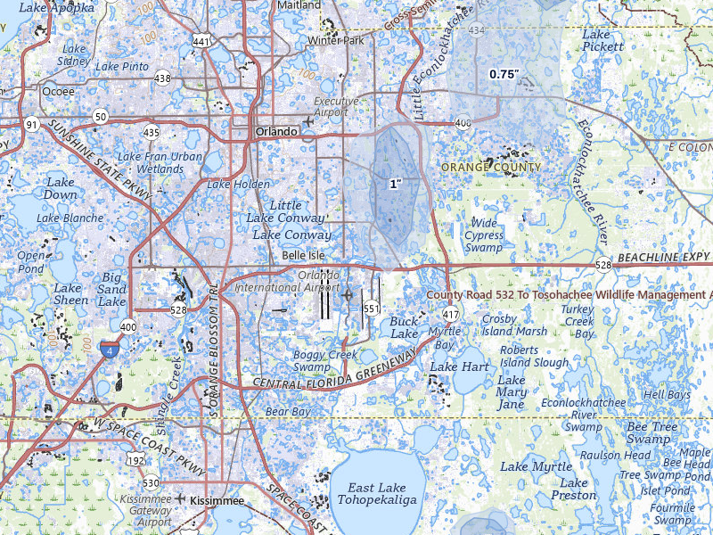 NEXRAD radar-signature map of the hail storm over Orlando, FL on Aug 13, 2026