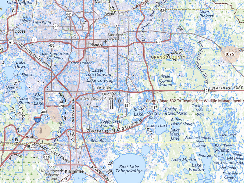 Radar-estimated hail-size map of the storm over Orlando, FL on Aug 21, 2026