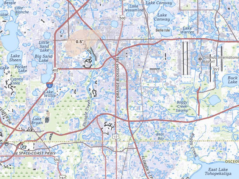Radar-estimated hail-size map of the storm over Orlando, FL on Aug 22, 2026