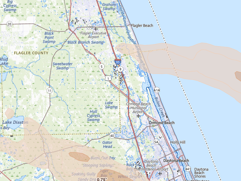 Radar-estimated hail-size map of the storm over Ormond Beach, FL on May 8, 2026