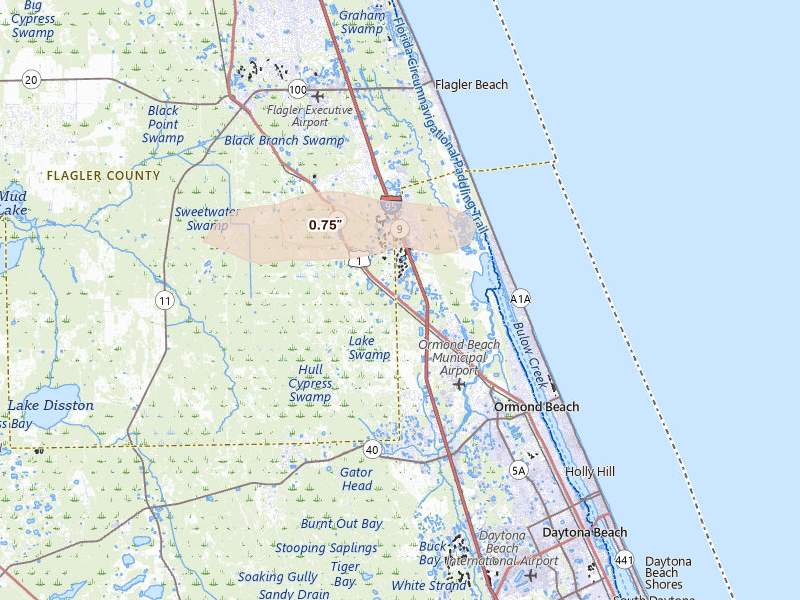 Radar-estimated hail-size map of the storm over Ormond Beach, FL on May 9, 2026