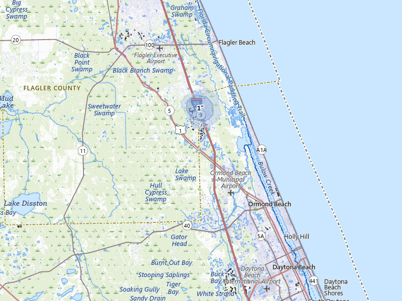 NEXRAD radar-signature map of the hail over Ormond Beach, FL